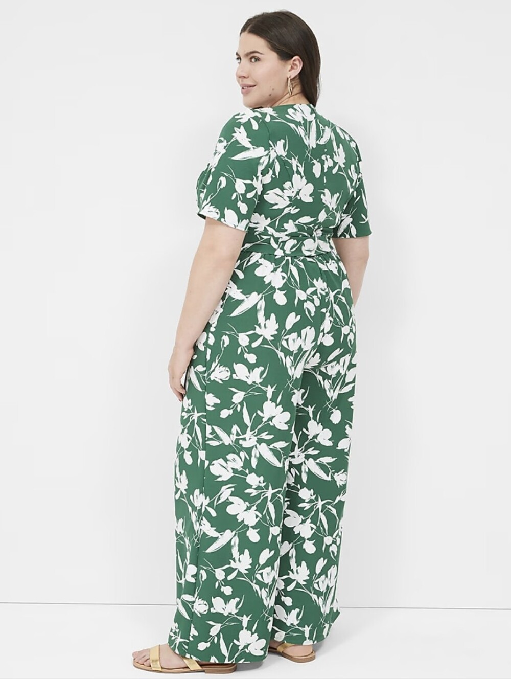 Lane Bryant Green and White Floral Wrap Wide Leg Surplice Jumpsuit Plus Size 18 - Picture 2 of 16